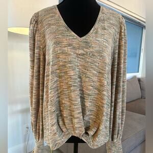 Democracy VNeck Top with Earthy Tones, Crop Knot Front, Size XL